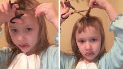 Little girl cuts hair
