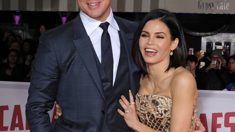Channing Tatum and Jenna Dewan laughing at a movie premiere.