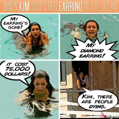 kim loses her earring in the ocean