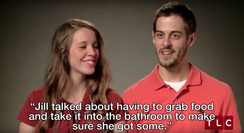 Jill eating in the bathroom