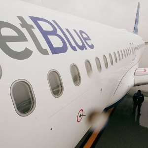 Jetblue plane surrounded