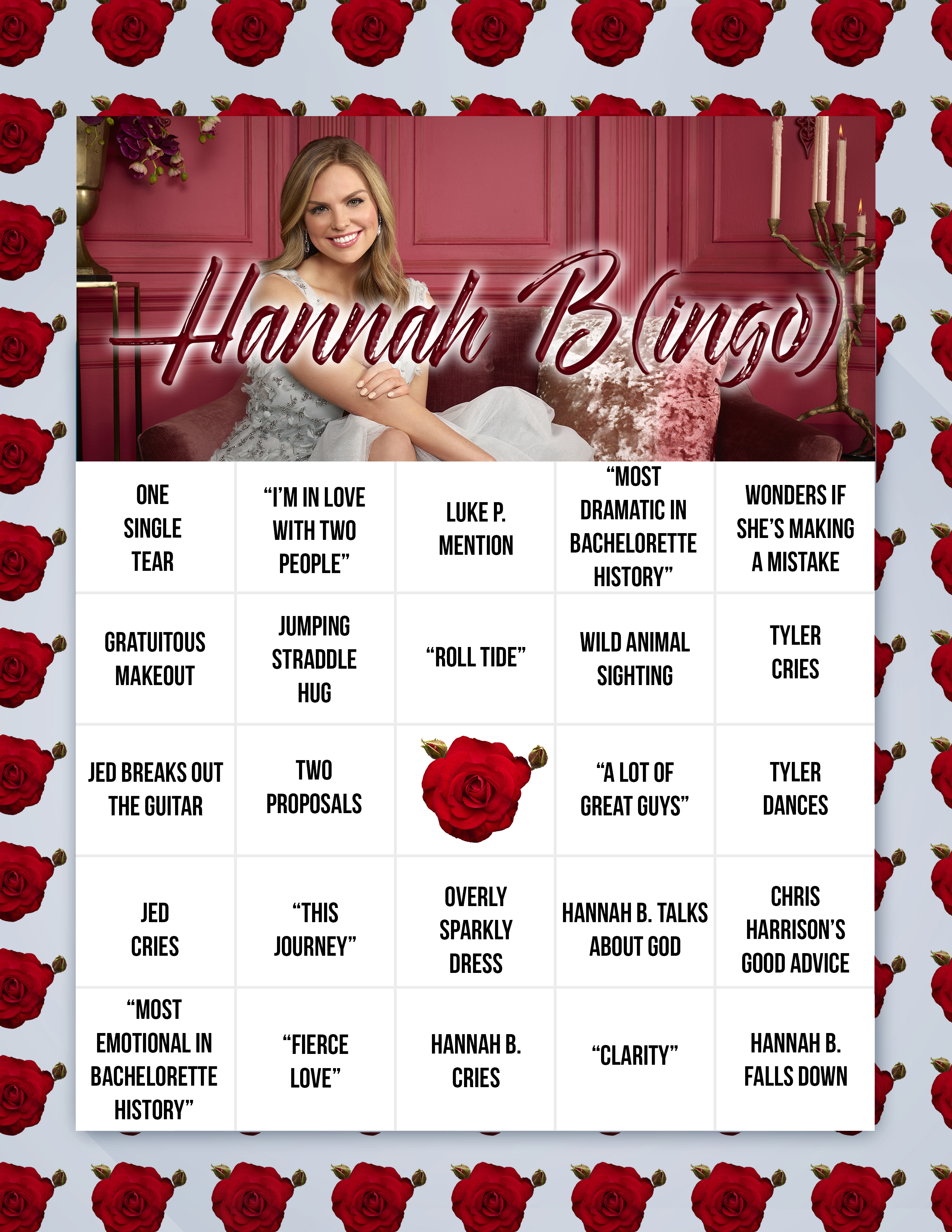 Bingo Card for Hannah B.'s Bachelorette Finale