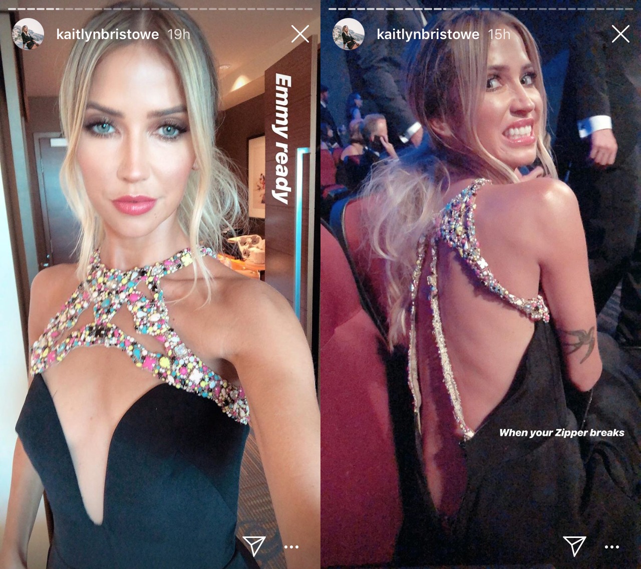 kaitlyn bristowe's emmys dress split down the back in wardrobe malfunction