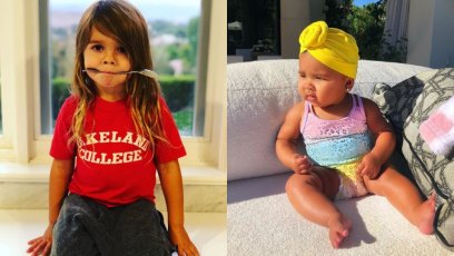 Side by side photos of Reign Disick and True Thompson