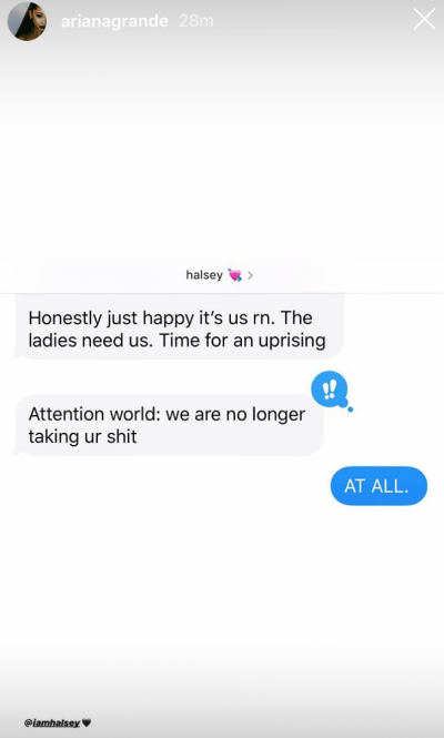 Ariana Grande Halsey collaboration text on Instagram