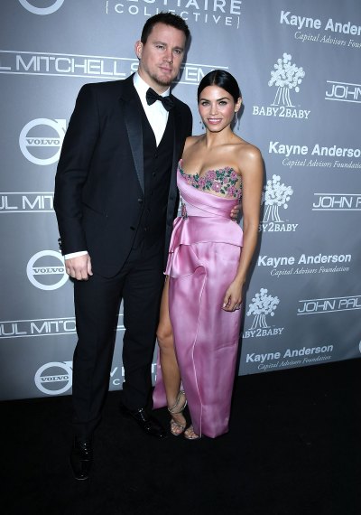 Jenna Dewan and Channing Tatum at an event, wearing a purple dress and him in a tuxedo