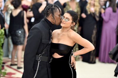 Kylie Jenner and Travis Scott at the Met Gala in NYC, wearing all black