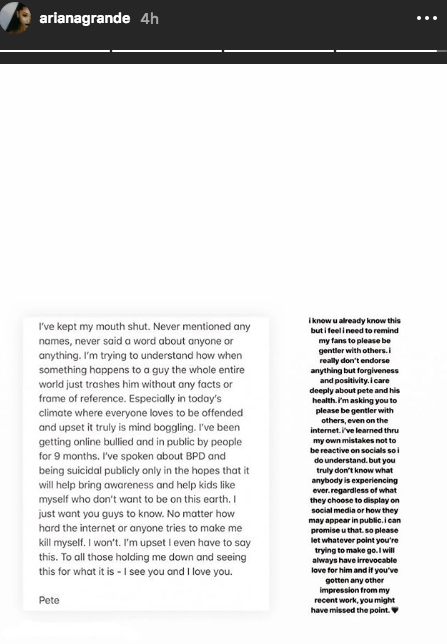 Ariana Grande responds to Pete Davidson