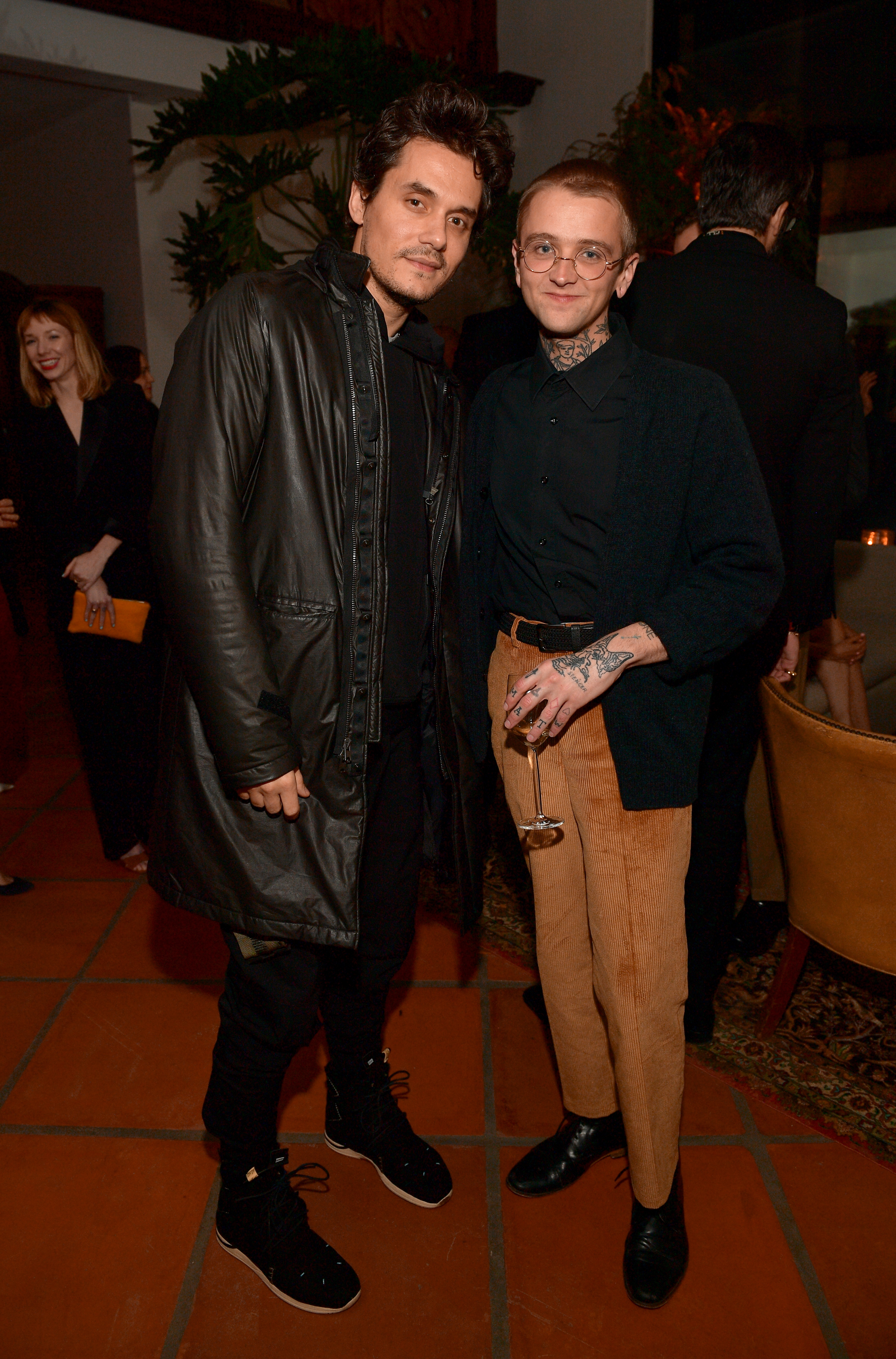 John Mayer, GQ Men of the Year Party, Leather Coat, Black Pants, Posing With Friend