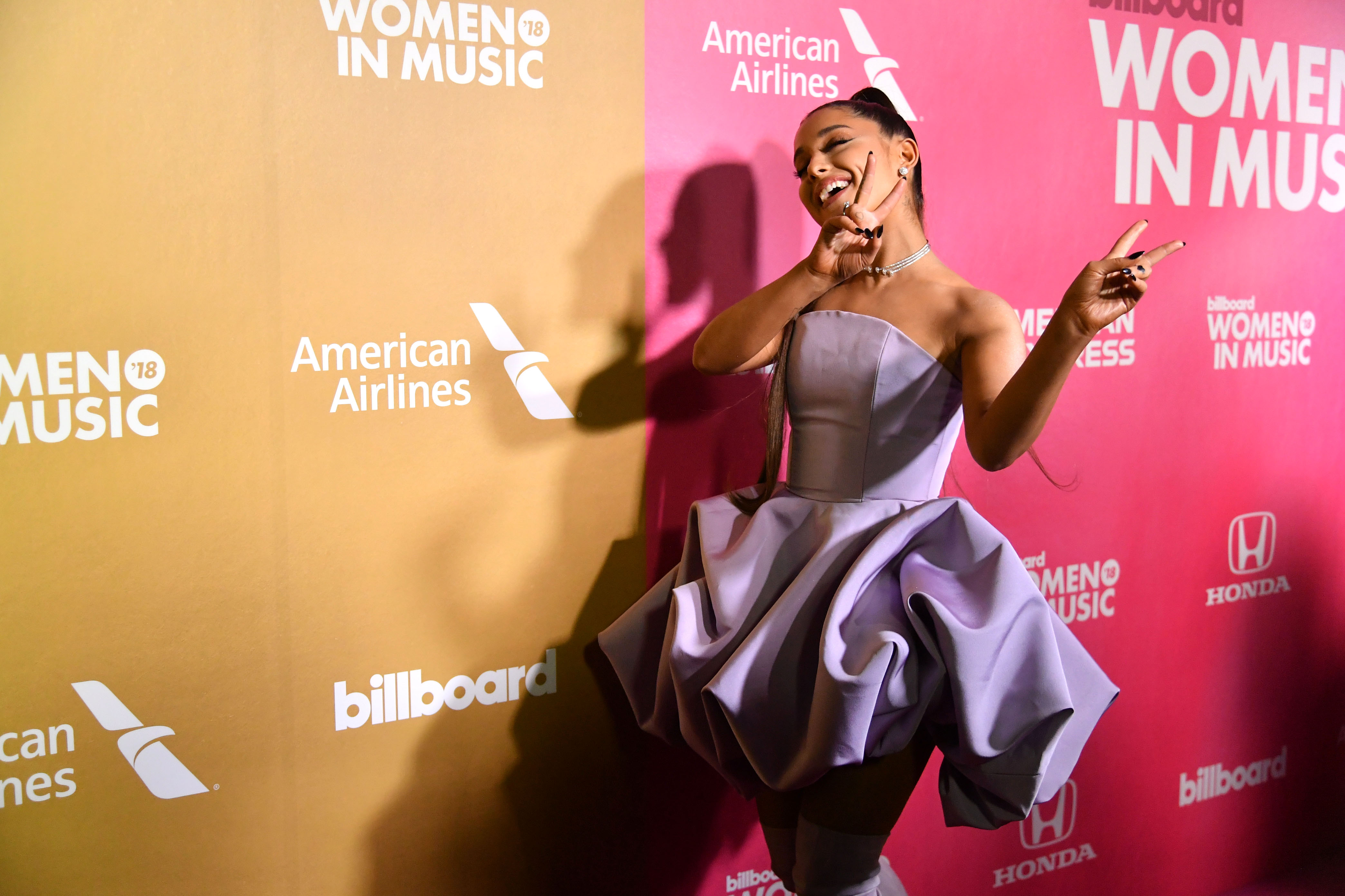 Ariana Grande Billboard speech purple loofah dress