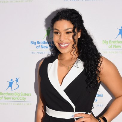 Jordin Sparks wearing a black and white dress at an event