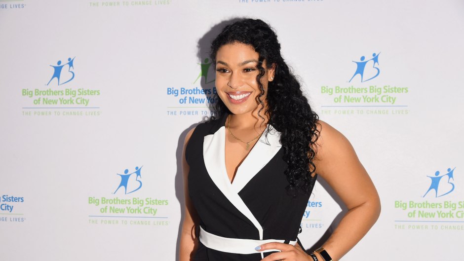 Jordin Sparks wearing a black and white dress at an event