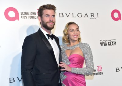 Liam Hemsworth, Tuxedo, Miley Cyrus, Pink and Silver Gown, Posing, Smiling