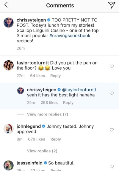 Chrissy Teigen Instagram comment about putting the pan on the floor