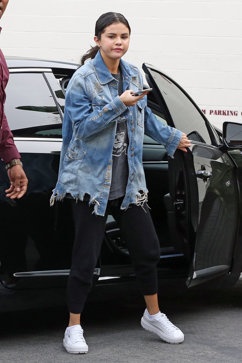 Selena Gomez, Black Pants, Jean Jacket, White Sneakers, Walking