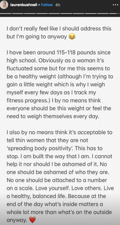 Lauren Bushnell responds to body shamers on instagram