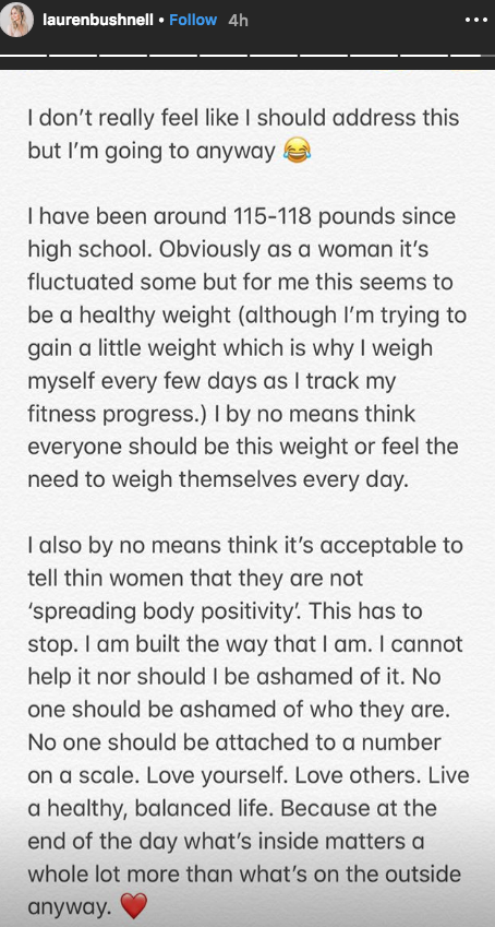 Lauren Bushnell responds to body shamers on instagram