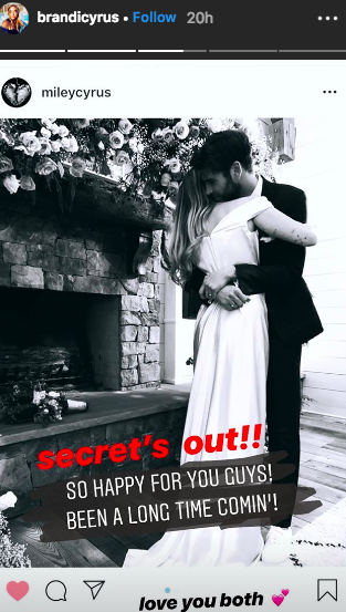 Brandi Cyrus Instagram story confirming Miley Cyrus and Liam Hemsworth marriage