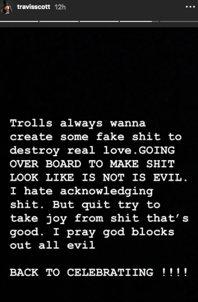 Travis Scott Instagram response to cheating allegations