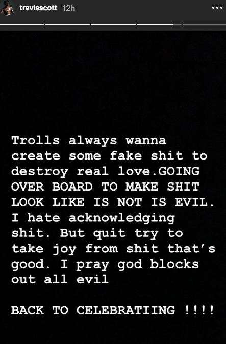 Travis Scott Instagram response to cheating allegations