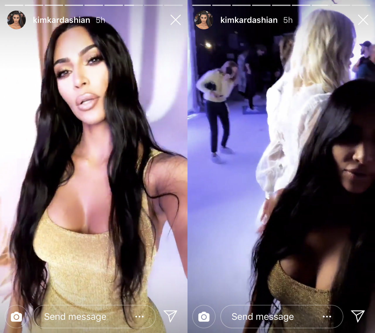 Kim Kardashian In Gold Dress Posting Instagram Story From Photoshoot Set
