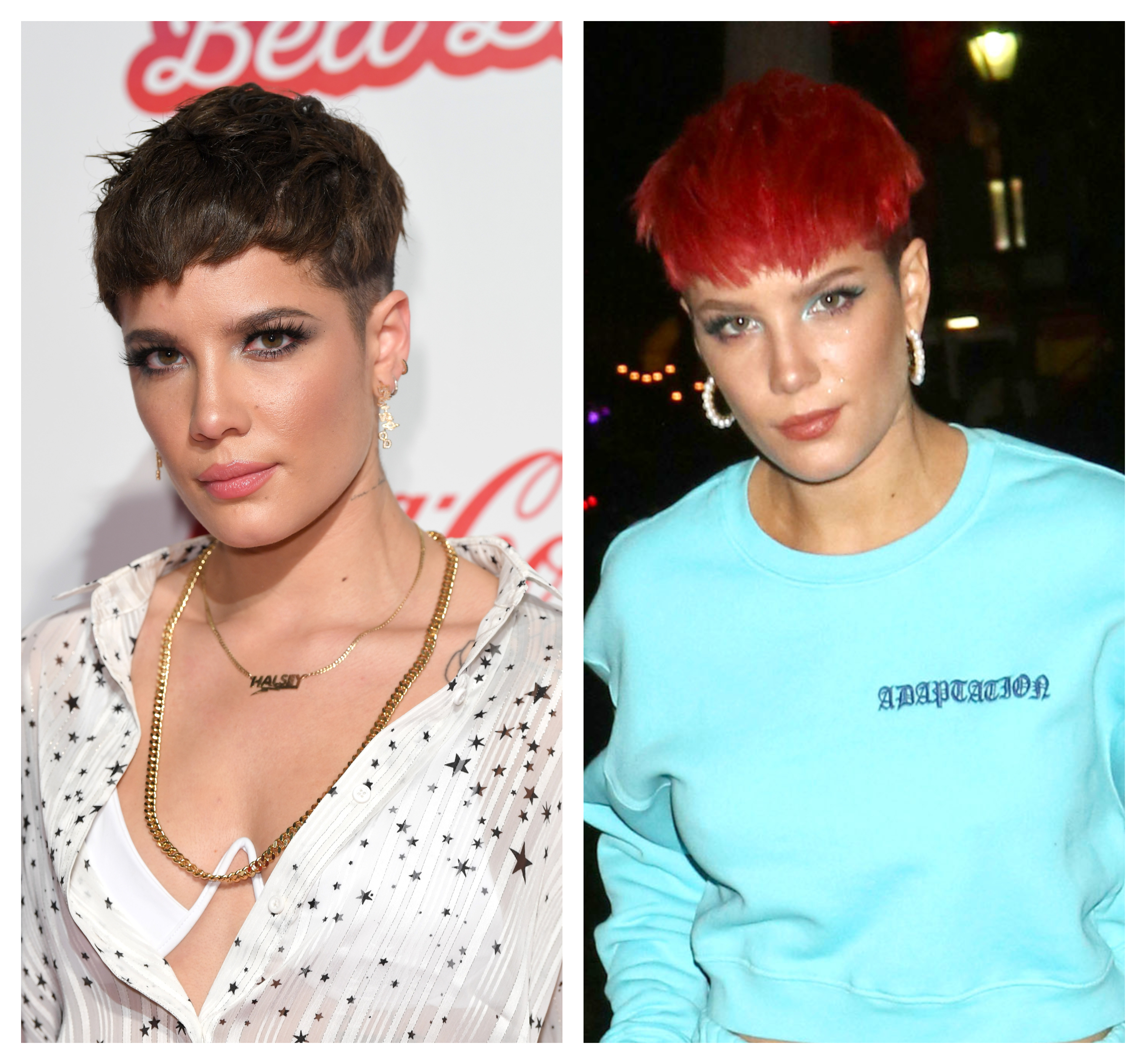 A split image of Halsey with two different kinds of hair