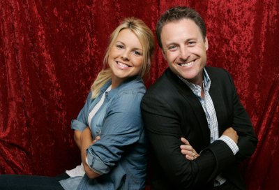 Ali Fedotowsky wearing a jean shirt with Chris Harrison