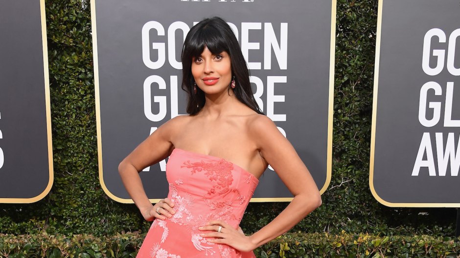Jameela Jamil wearing a pink dress at the Golden Globes