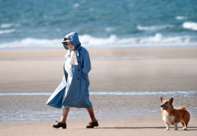 Queen Elizabeth, On The Beach, Walking Her Corgi