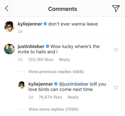 Kylie Jenner Justin Bieber comment exchange on instagram