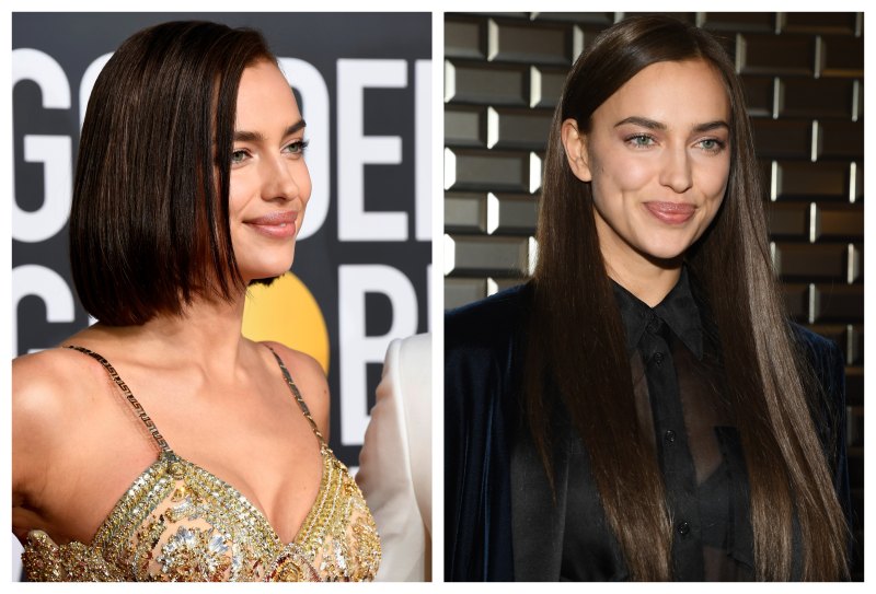 A split image of Irina Shayk with 2 different kinds of hair