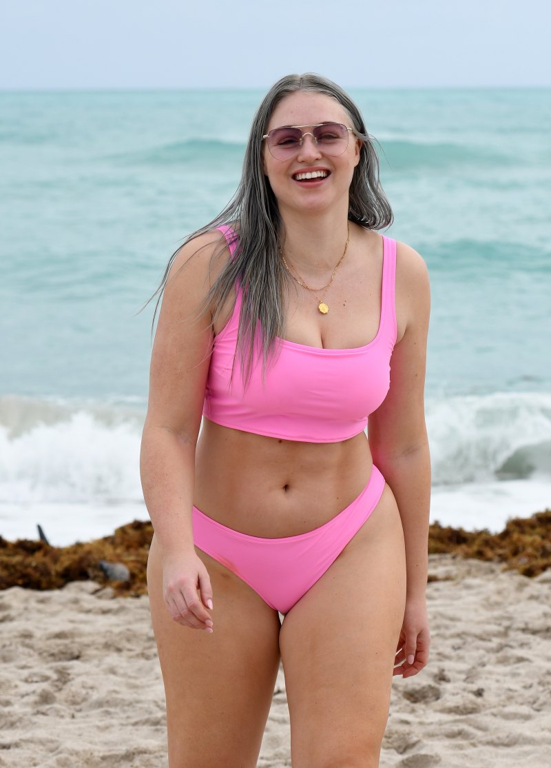Iskra Lawrence in a pink bikini on the beach