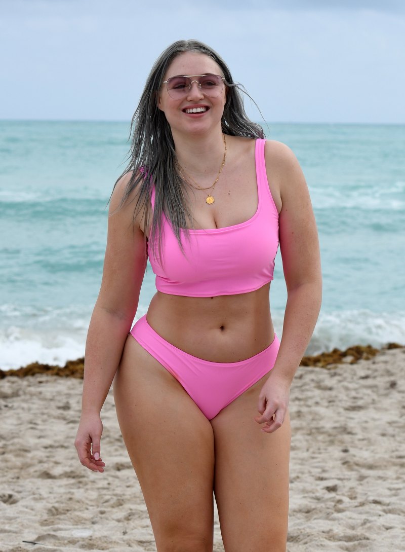 Iskra Lawrence in a pink bikini on the beach