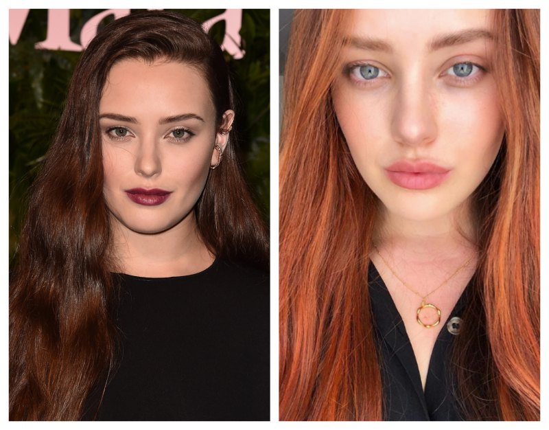 A split image of Katherine Langford with two different kinds of hair