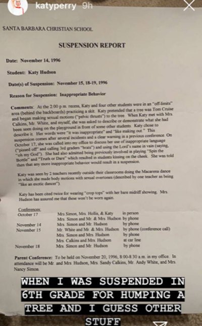 Katy Perry sixth grade suspension letter from her Instagram Stories