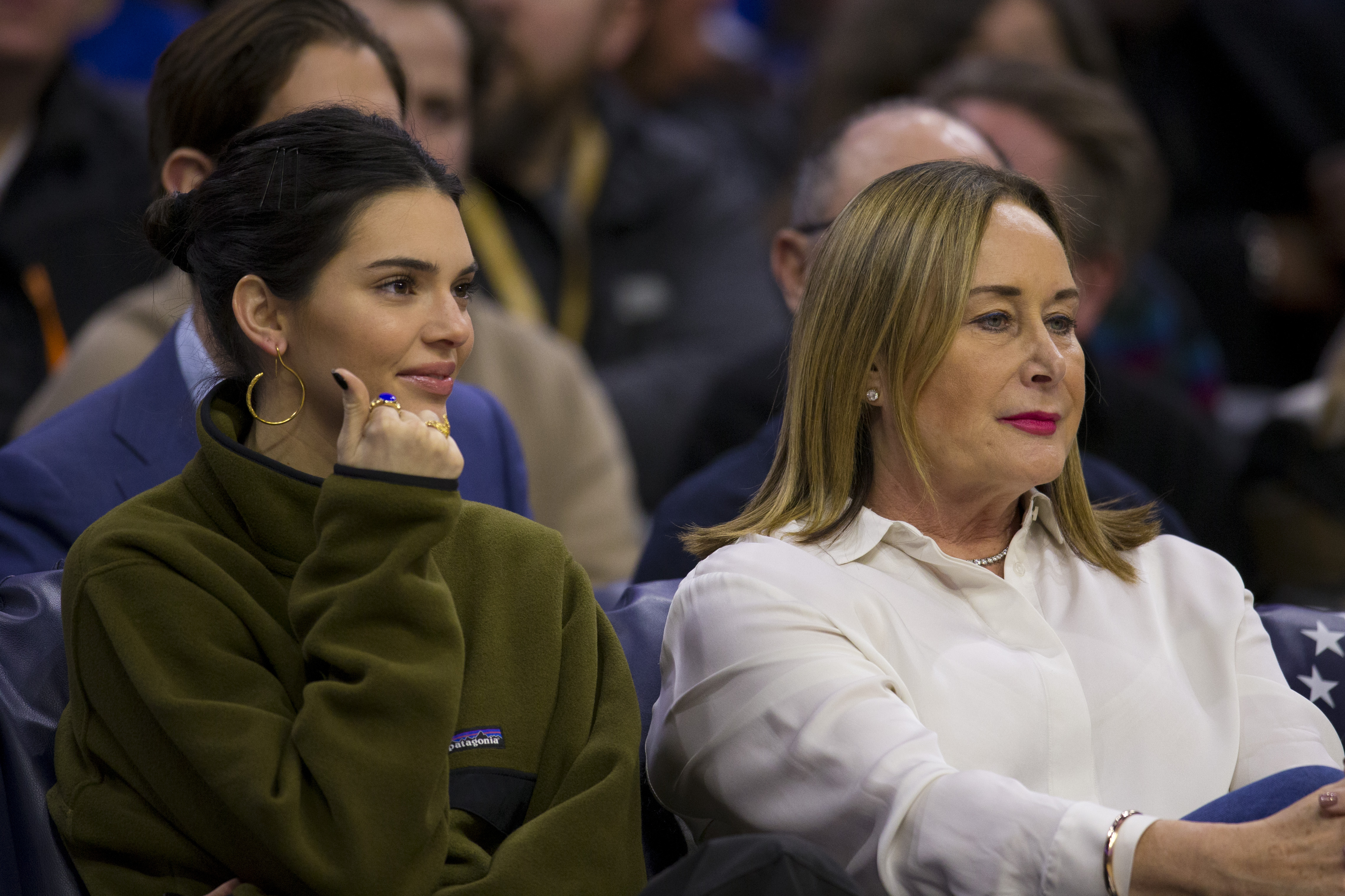 Kendall Jenner sitting with Ben Simmons' mom, Julie Simmons, at the Philadelphia 76ers game