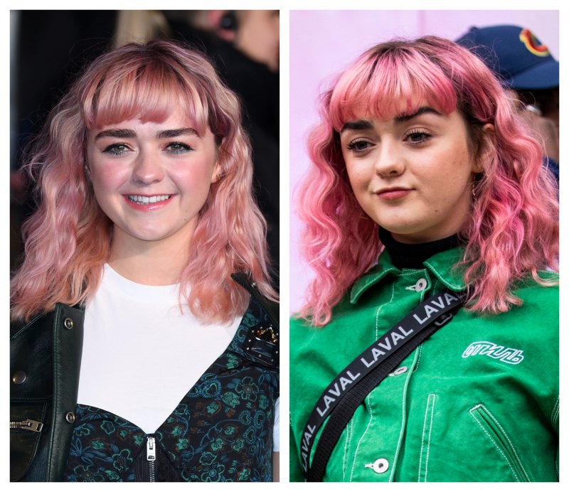 Split image of Maisie Williams with pink hair
