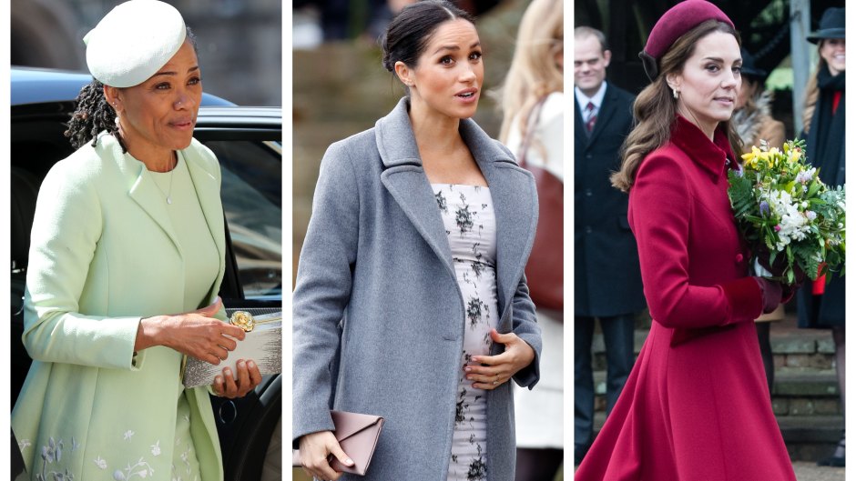 Doria Ragland, Green Dress, Meghan Markle, Pregnant, Kate Middleton, Red Coat, Split Image