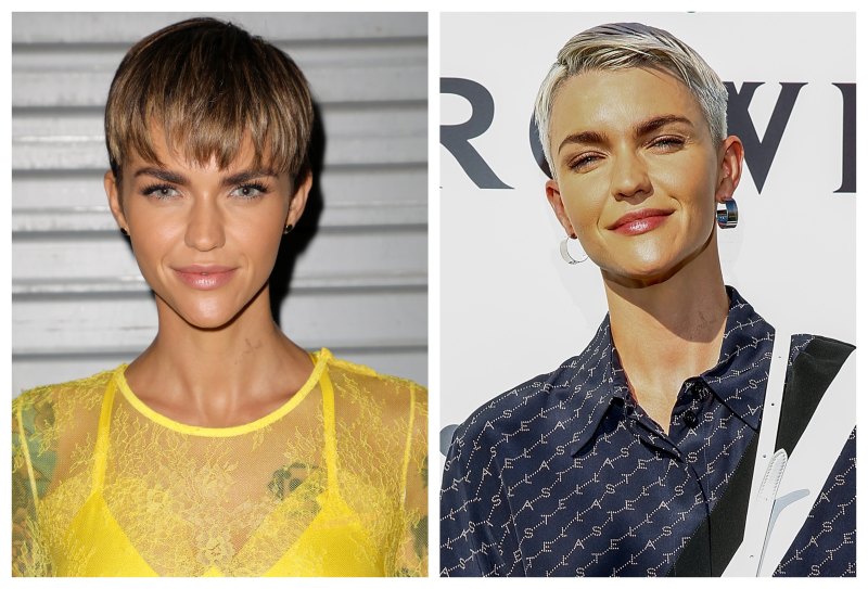 A split image of Ruby Rose with 2 different kinds of hair