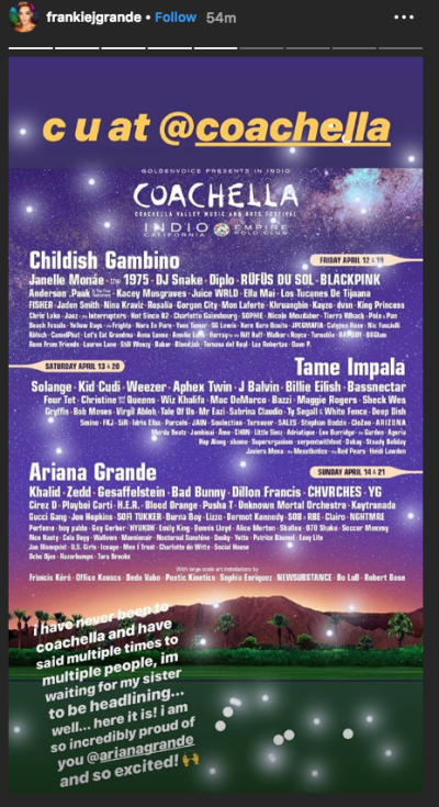 Frankie Grande instagram response to ariana grande coachella