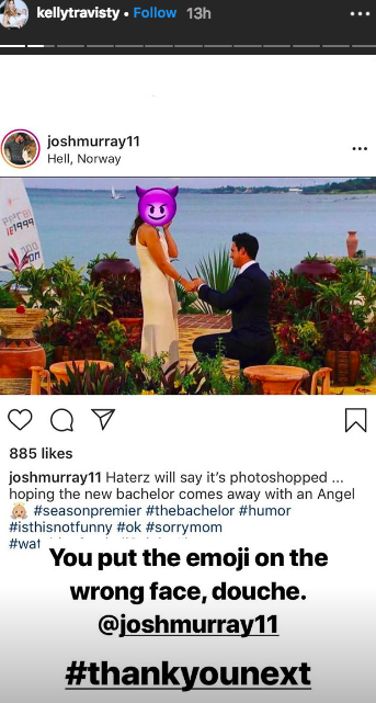 Josh Murray instagram of Andi Dorfman proposal with devil face Kelly Travisty instagram