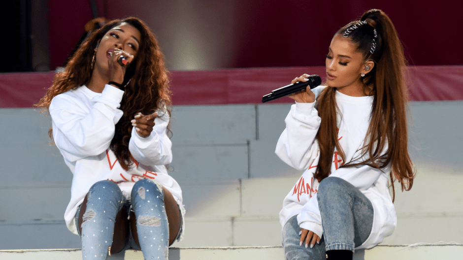 Ariana Grande and Victoria Monet on stage at One Love Manchester