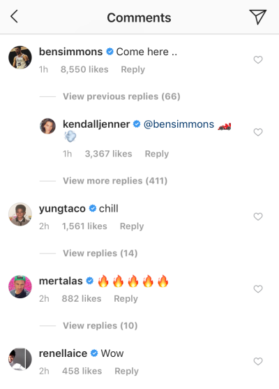 ben simmons comments on Kendall Jenners instagram