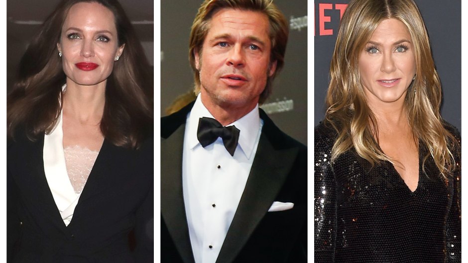 A split image of Angelina Jolie, Brad Pitt and Jennifer Aniston