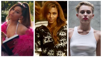 A split image of Ariana Grande, Beyonce and Miley Cyrus