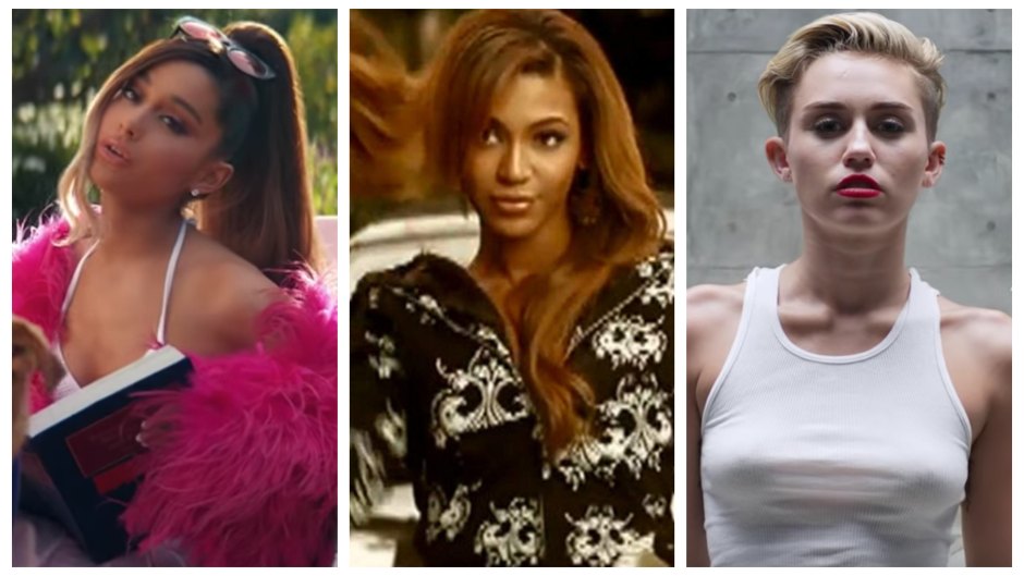 A split image of Ariana Grande, Beyonce and Miley Cyrus