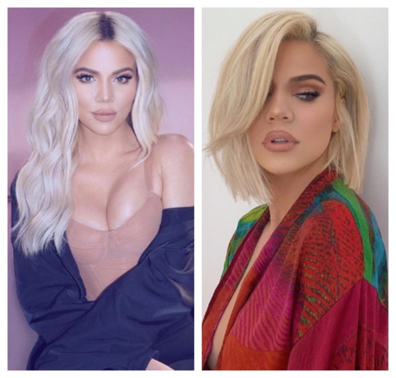A split image of Khloe Kardashian with two different kinds of hair