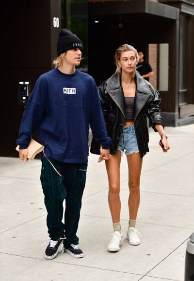 Justin Bieber wearing Kith Hailey Baldwin leather jacket walking around NYC