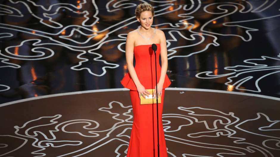 Jennifer Lawrence wearing a red dress at the Oscars