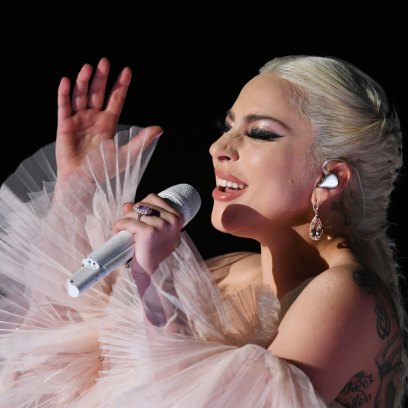 Lady Gaga wearing a pink dress